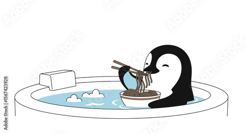 Minimalist outline of a penguin soaking in a wooden bath eating noodles