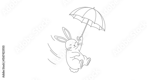 Outline vector of a rabbit floating through clouds using an umbrella