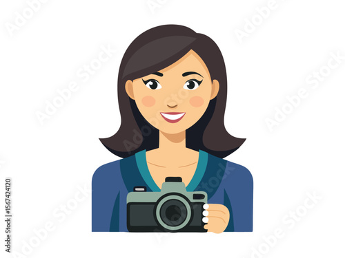 Friendly smiling woman holding a vintage camera ready to capture a moment isolated on white background
