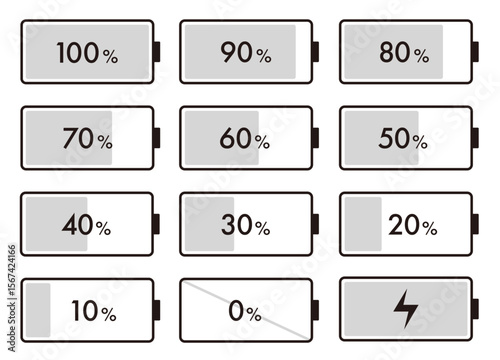バッテリー残量を0％から100％まで10％刻みで表したアイコンセット｜充電・インジケーター・電池・ステータス・エネルギー管理・電源表示