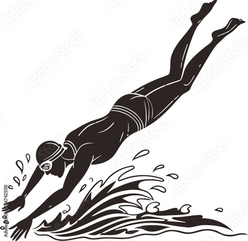 swimmer diving water black silhouette vector