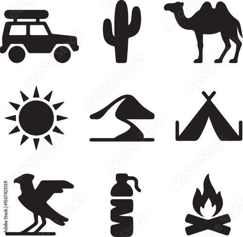 Desert Safari Adventure Icons of Sun, Sand, and Camel Trekking