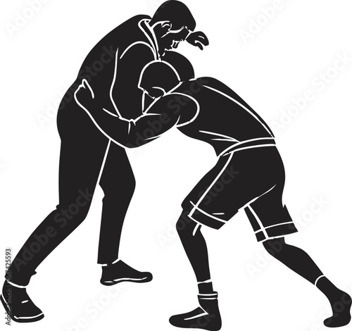 wrestler grappling pose black silhouette vector