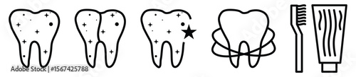 Teeth cleaning editable stroke outline icons set isolated on white background flat vector illustration.