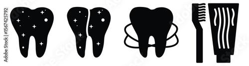 Teeth cleaning editable stroke outline icons set isolated. vector illustration.
