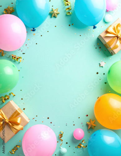 Soft pastel party balloons with golden gifts and confetti on mint blue background for cheerful birthday