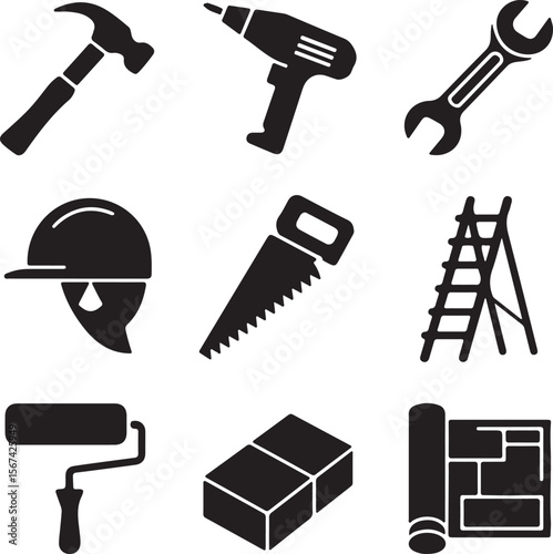 Construction Tools and Equipment Icons Hammer, Drill, Wrench, Saw, Ladder, Helmet, Roller, Blueprint