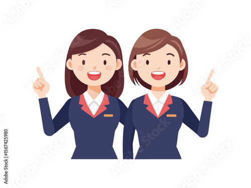 Two smiling women in business attire pointing upwards with index fingers isolated on white background
