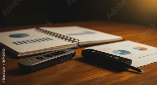 Business data analysis tools presentation clicker charts and notebook on wooden desk surface