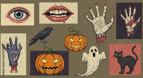 Creepy Halloween illustrations featuring pumpkins, ghost, eye, and spooky elements