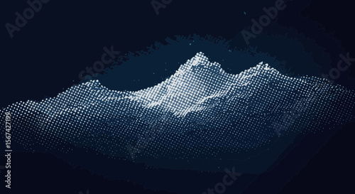 Abstract mountain range landscape with halftone dots pattern on dark blue background