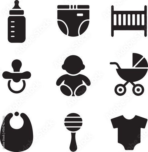 A charming vector set of black baby shower icons, featuring silhouettes of a baby, toys, hat, and food, symbolizing nature and ecology for web illustration