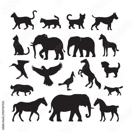 Diverse animal silhouettes elephant horse