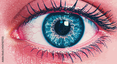 Close-up of a blue eye with red veins, enhanced with digital art style, pink skin
