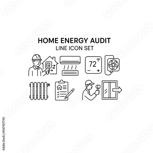 Home energy audit line icon set depicting various inspections done