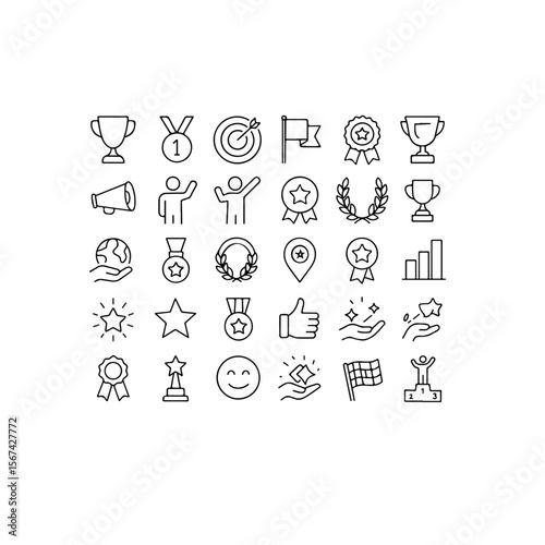 Collection of line art icons representing achievements and success