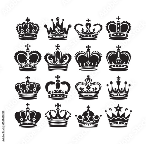 Collection of Detailed Black Crown Silhouettes with Various Royal Designs