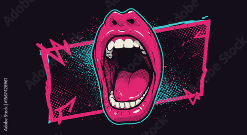 Vibrant Pop Art Illustration of a Screaming Mouth with Geometric Accents