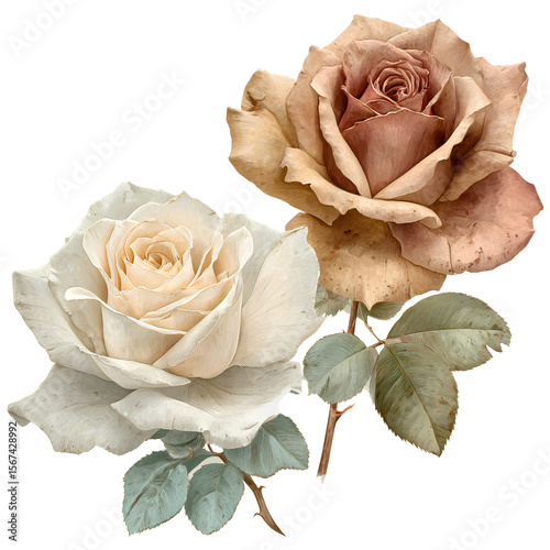 Two realistic roses isolated on a transparent background,