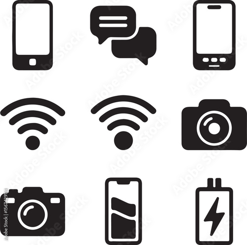 A vector icon set of mobile phones with symbols for technology, communication, and media functions like camera, music, and internet