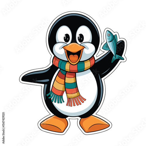 Penguin holding a fish wearing a scarf cartoon animal