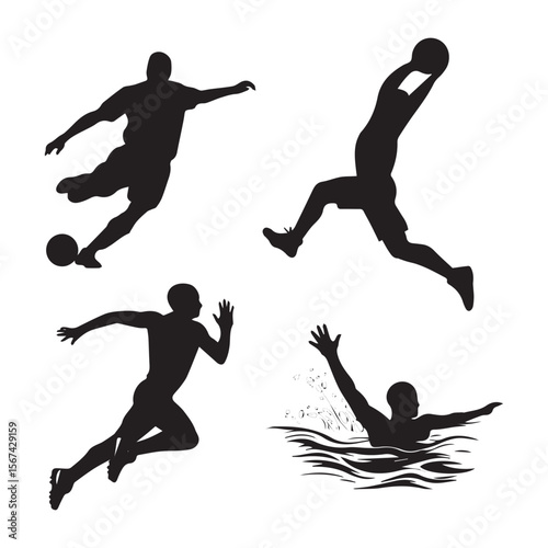 Sports action silhouettes soccer player kicking ball