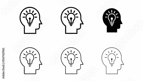 Collection of human head profile icons with lightbulb inside isolated on white background
