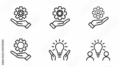 Set of six line art icons representing innovation teamwork and problem solving isolated on white background