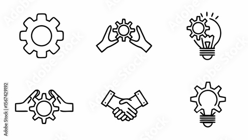 Set of six business concept icons with gears and hand gestures isolated on white background