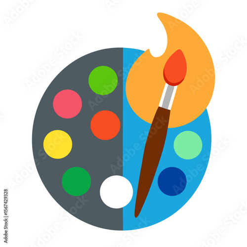 Artist's palette with colorful paints and paintbrush vector icon on white background.