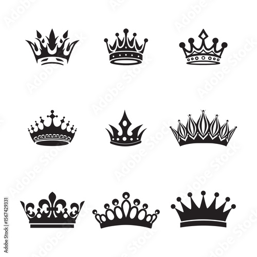 Nine black silhouette crowns arranged on a white background