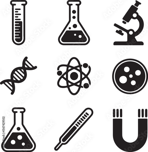 Set of laboratory science and chemistry equipment icons, vector illustration