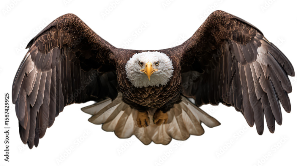 Obraz premium Bald eagle with wings spread wide, intense gaze, detailed feathers, isolated on transparency background, symbol of strength and freedom, majestic bird of prey, wildlife concept