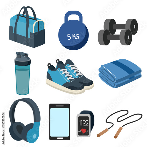 A set of vector fitness item elements suitable for decoration and presentations.	
