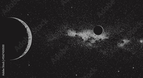 Monochromatic celestial illustration of crescent moon and starry night sky