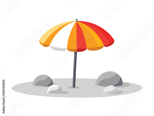 Colorful beach umbrella providing shade with rocks on a sandy shore isolated on white background
