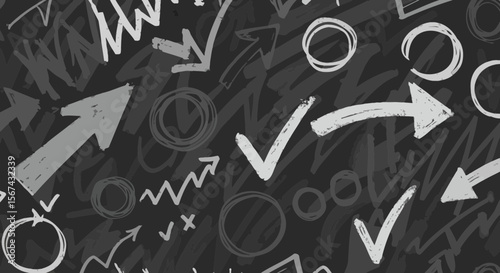 Seamless pattern with hand-drawn arrows circles and ticks on a dark background