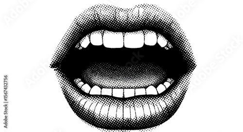 Detailed Halftone Illustration of Open Mouth with Teeth and Tongue Graphic