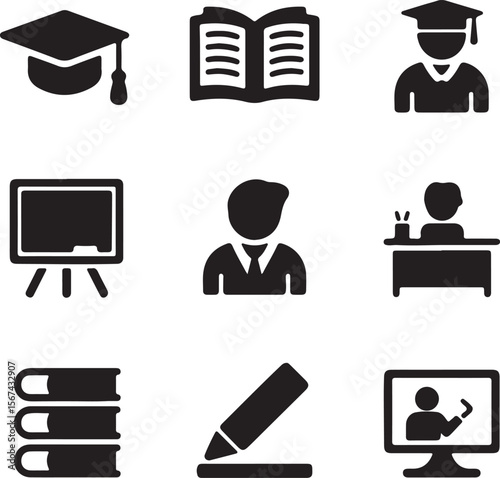 Education Icons Graduation Cap, Books, Teacher, Blackboard, Student, Online Learning