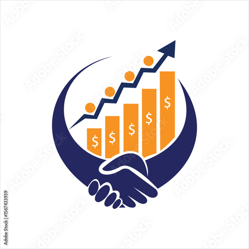 Business partnership and financial growth icon with bar chart and handshake