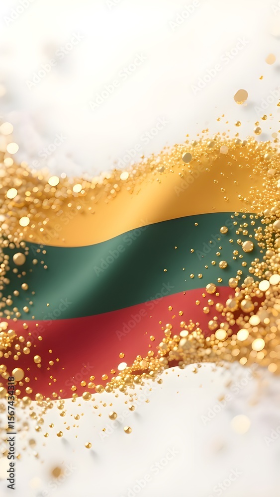 Fototapeta premium Official Flag series : Europe - A vibrant vector illustration set of national flags and patriotic ribbons with a sprinkle of gold, featuring the waving flags of Lithuania 004