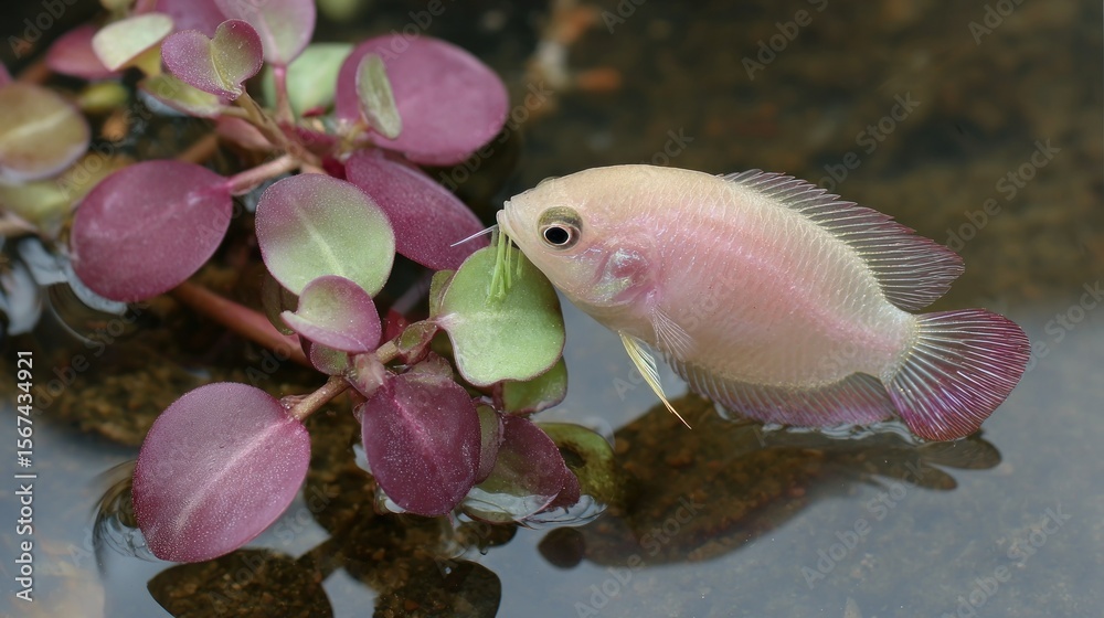 Obraz premium Pink fish eating plant in water