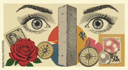 Mystical collage featuring eyes, obelisk, compasses and vintage elements in surreal composition