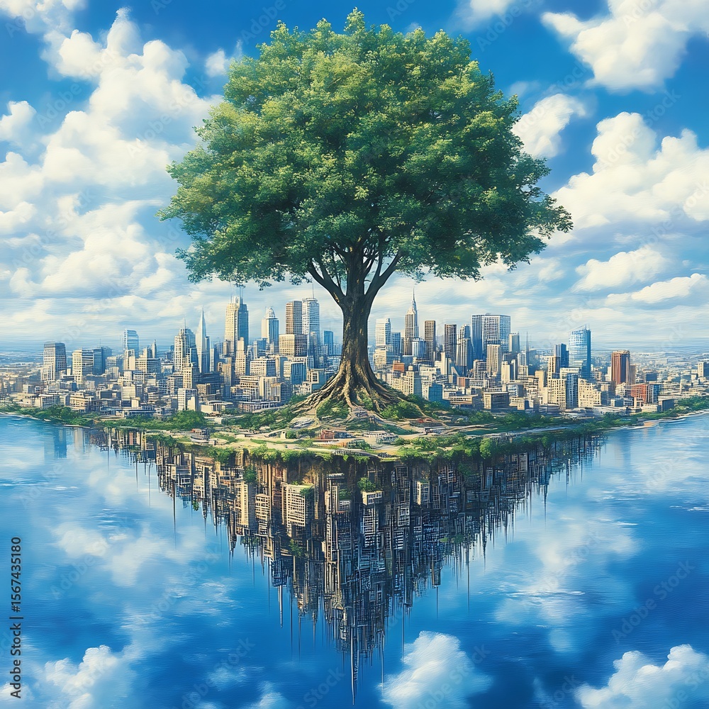 Fototapeta premium Floating island city with a large tree.