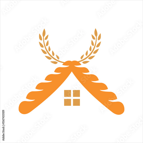 Bakery house logo with bread roof and wheat design in warm orange color scheme
