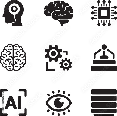 Artificial Intelligence Icons Brain, AI, Technology, and Innovation Graphics