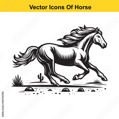 Horse Galloping Across Desert Terrain – Black and White Vector Illustration for Easy Tracing