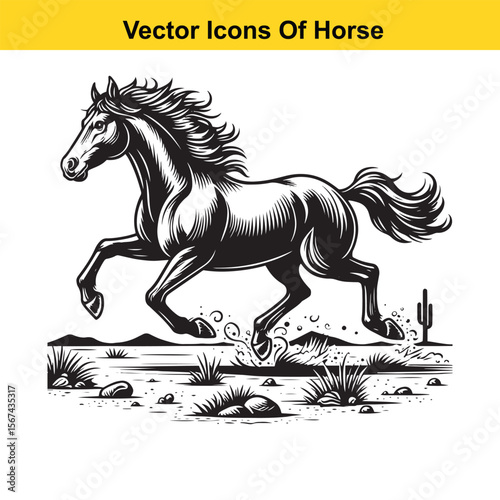 Horse Galloping Across Desert Terrain – Black and White Vector Illustration for Easy Tracing