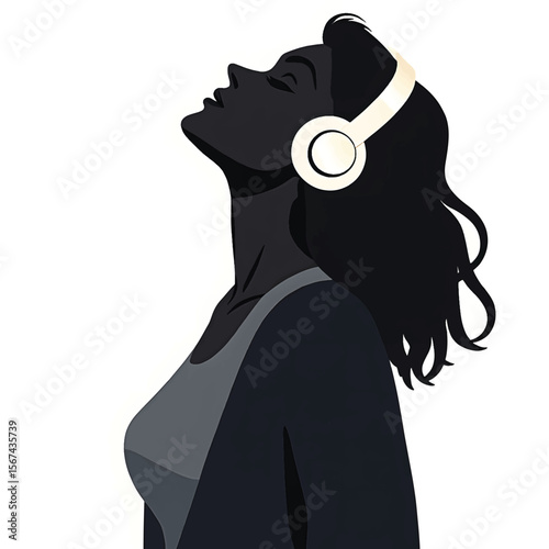 Black Silhouette Vector of Person Standing and Listening to Music with Headphones in Relaxed Lifestyle Scene on White Background Full Ultra HD