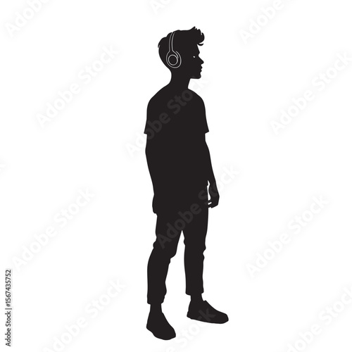 Black Silhouette Vector of Person Standing and Listening to Music with Headphones in Relaxed Lifestyle Scene on White Background Full Ultra HD
